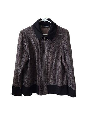 Doris Streich Womens Size 42 Black Brown Bomber Jacket Zip Closure Collar Cutout